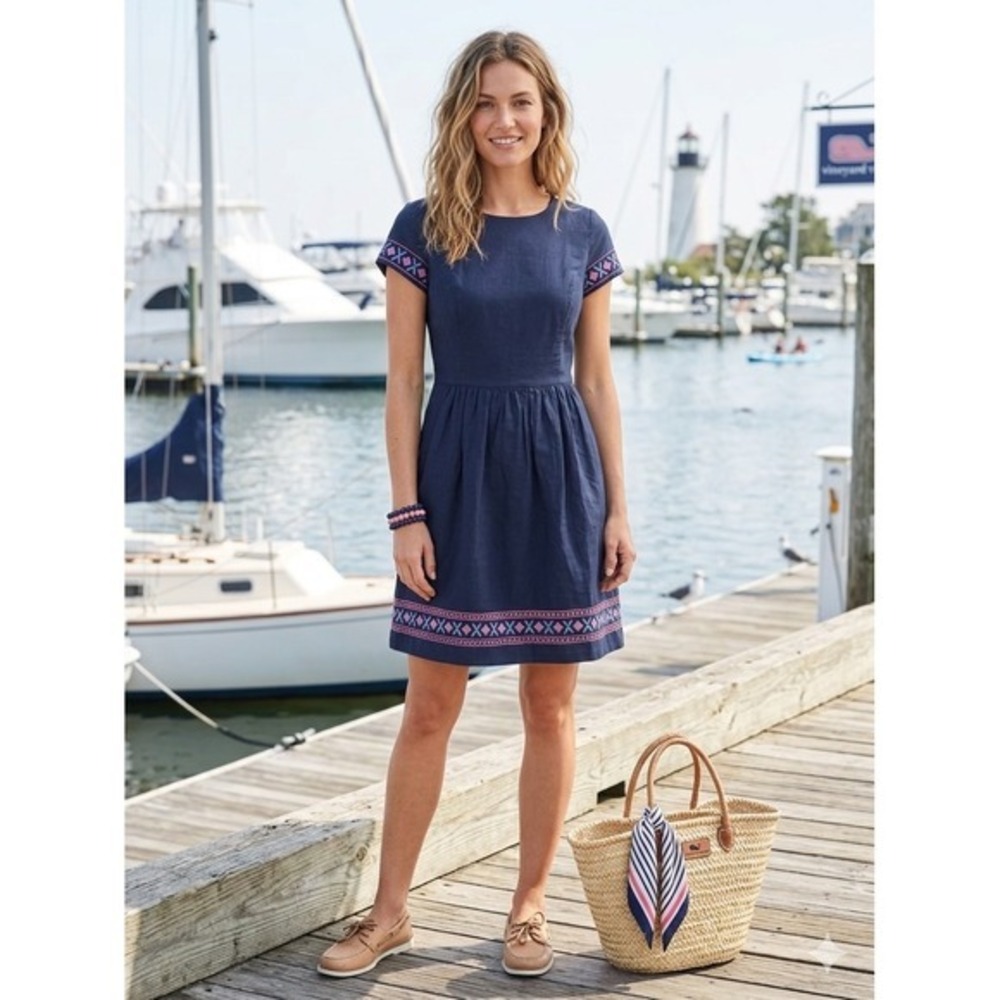 Vineyard Vines Navy Embroidered A-Line Dress Pink Blue Cotton 2 EUC
